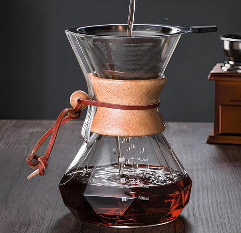 Pour Over Coffee Maker with Reusable Stainless Steel Drip Filter, Lead-Free Borosilicate Glass Coffee Carafe with Modern Wooden Collar for 1-2Cup,...