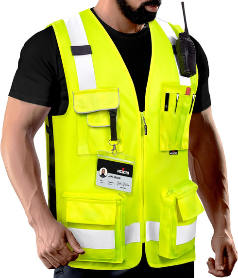 NoCry Premium Reflective Safety Vest for Men with Heavy Duty Stitching & Phone Pocket — ANSI Class 2 Safety Vest with Pockets — Ideal Neon Constru...