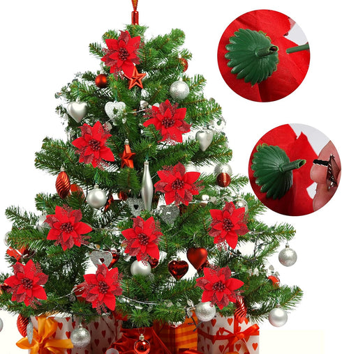RECUTMS 10 PCS Red Glitter Poinsettia Flowers Christmas Tree Ornaments Fake Christmas Flowers Artificial Christmas Flowers Decorations Wedding Xma...