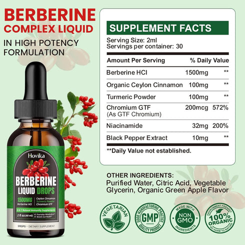 Berberine HCL Liquid Drops - 1500 mg Berberine Supplement with Ceylon Cinnamon, Chromium, Turmeric, Niacinamide - Supports Metabolism and Immune S...
