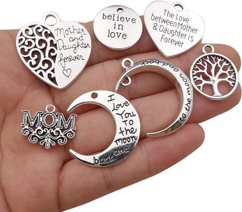 Family Mom Words Charm Collection-32 PCS Craft Supplies Heart Moon Love Words Mother's Day Charms Pendants for Jewelry Making Crafting Findings Ac...