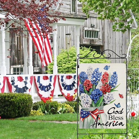 God Bless America 4th of July Patriotic 28 x 40 House Flag Double Sided, American Hyacinth Floral Flower Mason Jar Garden Yard Decoration, USA Bur...