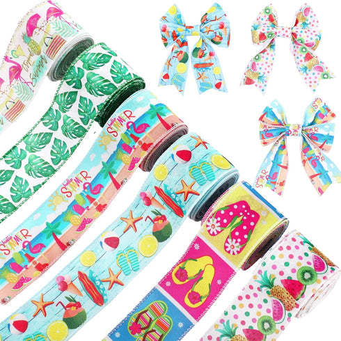 Tigeen 6 Rolls 30 Yards Summer Ribbon Flamingo Wired Ribbon Hawaii Tropical Beach Flip Flops Burlap Ribbons for Summer Wreath Bows Crafts Making, ...
