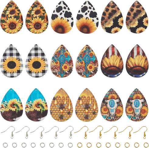 Beadthoven 18 Pairs DIY Sunflower Printed Wood Dangle Earring Making Kit VIntage Rustic Summer Flower Wood Pendants Teardrop Charms Hanging Orname...