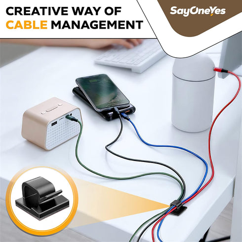 50 pcs Self Adhesive Cable Clips - Desk Cable Management Clips with Strong Adhesive Tapes – Wire Clips Cord Organizer for Home, Office and Car (Bl...