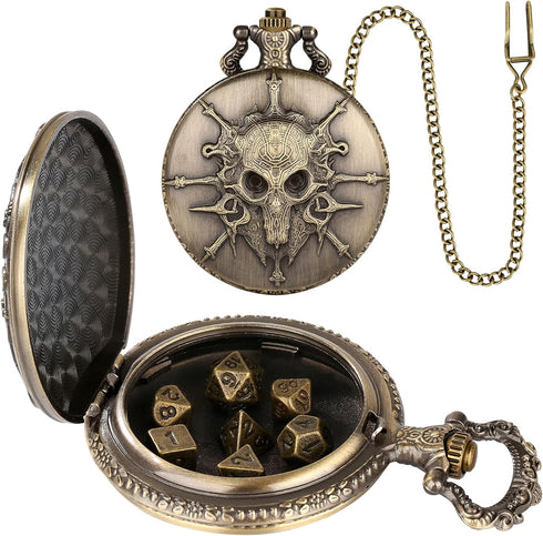 Mini DND Dice Set Steampunk Warlock Pocket Watch Shell Case, 7pcs Polyhedral Metal D&D Dice Set, DND Gifts with Gift Box for Gamer, Role Playing B...