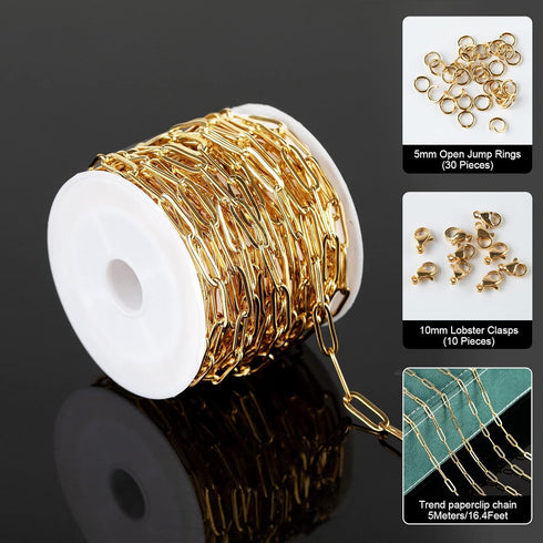 Jabogrii 16.4 Feet Gold Plated Chain for Jewelry Making Welded Stainless Steel Paperclip Oval Link Chains Bulk with Lobster Clasps Jump Rings for ...