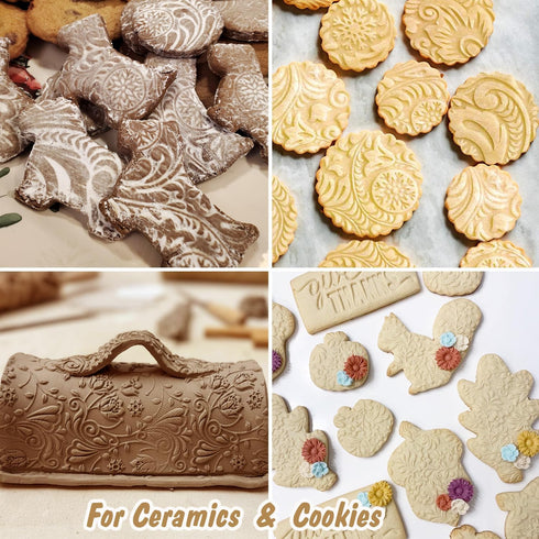 Embossed Rolling Pin for Baking, Cookie Embossing Rolling Pins with Flower Pattern Christmas Snowflake Paisley Wooden Engraved Dough Roller Clay P...