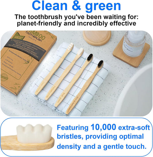 Bamboo Toothbrushes, 10k Ultra Soft Bristles Bamboo Brush, Extra Soft Toothbrushes for Adults, Bamboo Toothbrush Pack of 4...