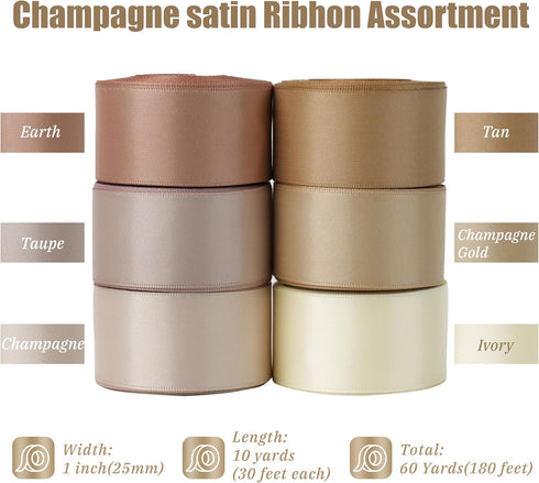 Champagne Ribbon 1 Inch Satin Ribbon 6 Rolls Assortment Pale Gold Ribbon for Wedding Silk Antique Gold Ribbon for Baby Shower Ribbon for Gift Wrap...