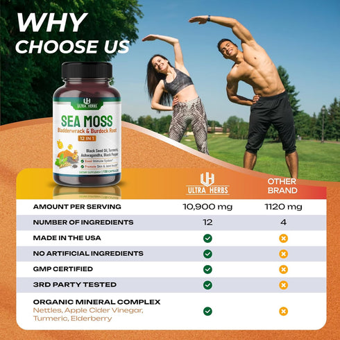 Organic Sea Moss Capsules 12,900mg with Black Seed Oil, Ashwagandha, Burdock Root, Bladderwrack for Immune System, Gut, Skin & Energy *USA made & ...
