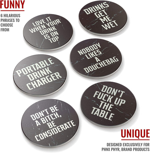 Clever & Funny Coasters for Drinks Absorbent with Box Holder - 6 Piece Ceramic Black Marble Coaster Set - Man Cave Decor...