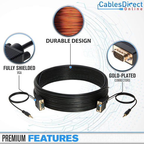 Cables Direct Online 6FT SVGA + Audio Monitor Cable - Male to Male VGA to VGA 1080P for PC, Projector, Laptop, TV...