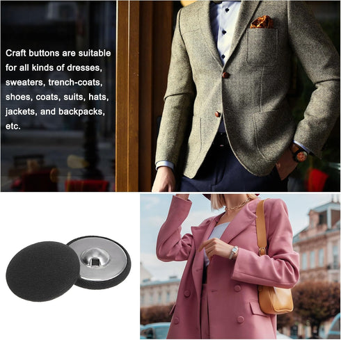 10pcs 48L Fabric Cloth Covered Button 30mm Round Metal Shank Sewing Buttons for Suits Dress Blouses, Black...