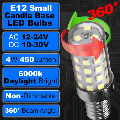 12V 40W E12 LED Candelabra Light Bulbs 4W Daylight White 6000K 450Lm Low Voltage AC12-24V/DC10-30V for RV Camper Marine Boat Landscape Lighting Ic...