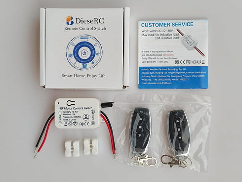 DieseRC Wireless DC Motor Remote Control Switch, DC 12V~80V 5A Relay Receiver Controller with 2 Transmitters, Radio Control Motor Move Forward and...