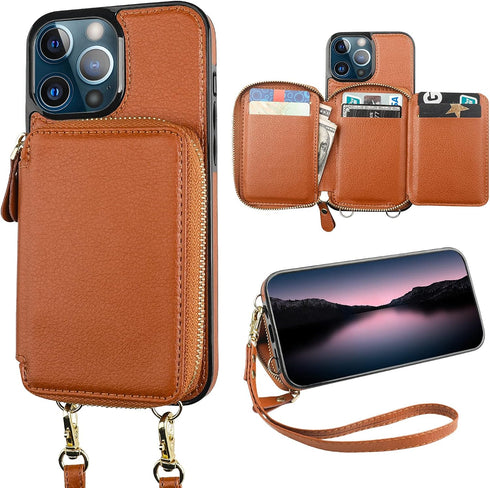Bocasal RFID Blocking Wallet Case for iPhone 13 Pro Max, Adjustable Crossbody Zipper Purse with Kickstand and Detachable Wrist Strap, PU Leather F...