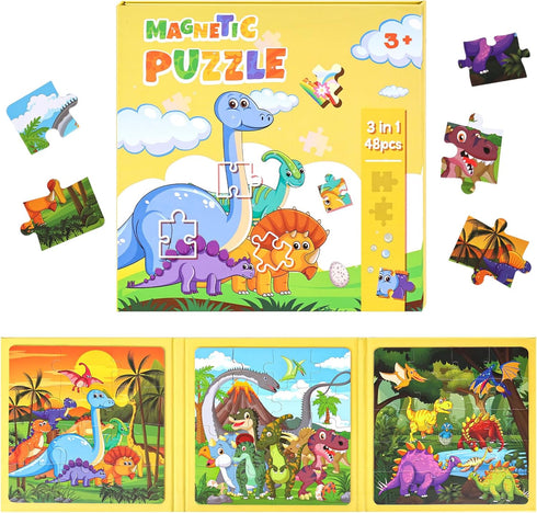 LovesTown Magnetic Travel Puzzles Book, Dinosaur Wooden Magnetic Puzzles for Toddlers Learning Magnetic Puzzles for Road Trip...