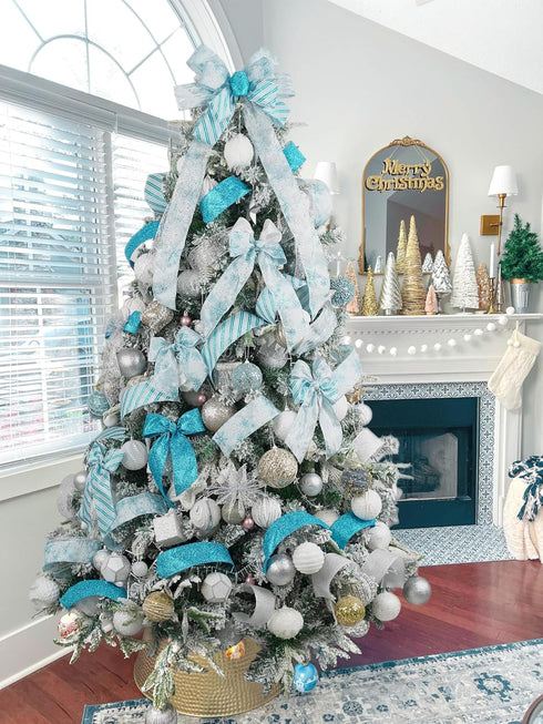 HUIHUANG Blue Ribbon for Christmas Tree, Christmas Blue and Silver Wired Christmas Ribbons for X-mas Tree, Wreath, Garland, Bows, Home Decor, Gift...