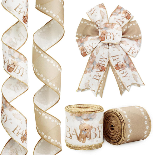 Baby Shower Wired Edge Ribbon Brown Bear Paw Craft Ribbon Fabric Ribbon for Wreath Bow DIY Crafts Wrapping Party Decor, 2 Rolls, 20 Yard...