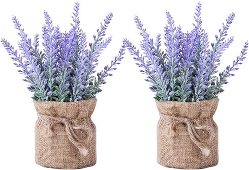 2 Pack Small Burlap Potted Lavender Flowers - Lavender Artificial Plants and Flocked Charming Purple for Warm and Loving Table Decor Christmas Dec...