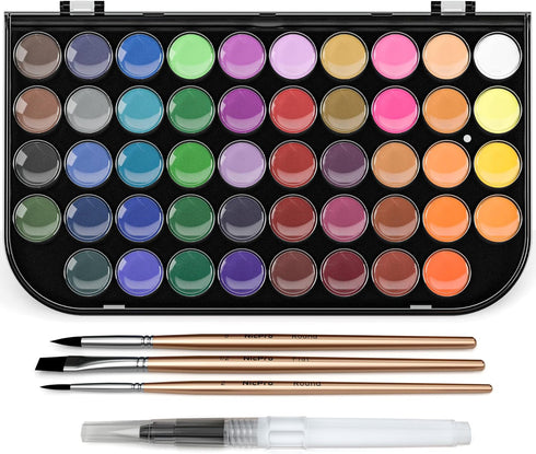 Nicpro Watercolor Paint Set, 48 Water Colors Kit with 3 Painting Brushes, Palette, Watercolor Pen, Non-toxic Painting Supplies for Kids, Adults, S...
