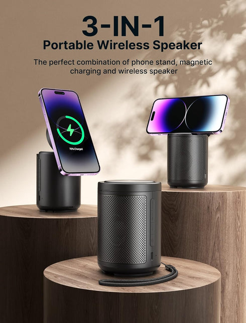 JSAUX Cell Phone Stand with Wireless Bluetooth Speaker and Magnetic Wireless Charger, Compatible with iPhone 15/Samsung, Birthday Gifts for Men an...