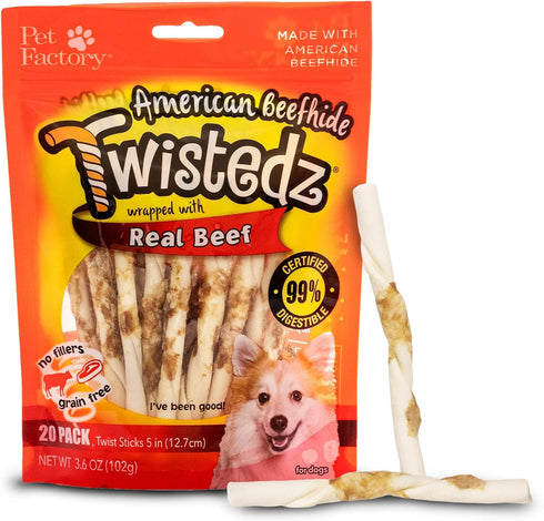 Pet Factory Twistedz American Beefhide 5" Twist Sticks Dog Chew Treats w/ Real Beef Meat Wrap - 20 Count/1 Pack...