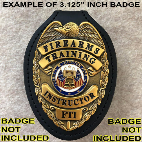 Oval Police Badge Holder Belt Clip - Optional to Use Around The Neck - Black Leather with Badge Polishing Cloth - Perfect Fit USA...