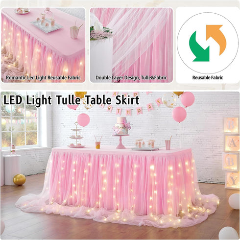 leegleri Pink Tulle Table Skirt for Baby Shower,6FT Pink Ruffle Tutu Table Skirt with LED Light for Princess Girls Birthday Party Cake Dessert Tab...