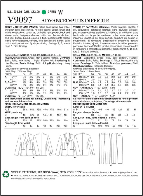 Vogue Patterns V9097MUU Men's Jacket and Pants Sewing Template, Size MUU (34-36-38-40)...