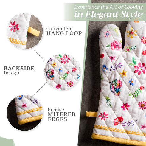 Maison d' Hermine 100% Cotton Oven Mitt & Pot Holder Set (7.5"x13" & 8"x8") Heat Resistant BBQ Cooking Gloves with Loop, Grilling, Kitchen, Handli...