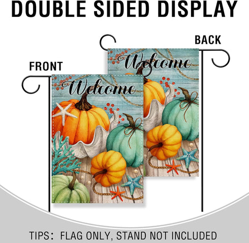 Welcome Fall Thanksgiving Teal blue Pumpkin Nautical Home Decorative Garden Flag, Autumn Yard Lawn Coastal Ocean Outside Decor, Beach Farmhouse Ou...