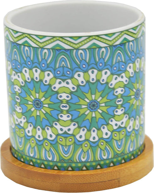 Cute 2.95 Inches Modern Cylindrical Mandalas Shaped Ceramic Succulent Cactus Flower Plant Pots with Bamboo Tray - Plant Not Included (Green)...