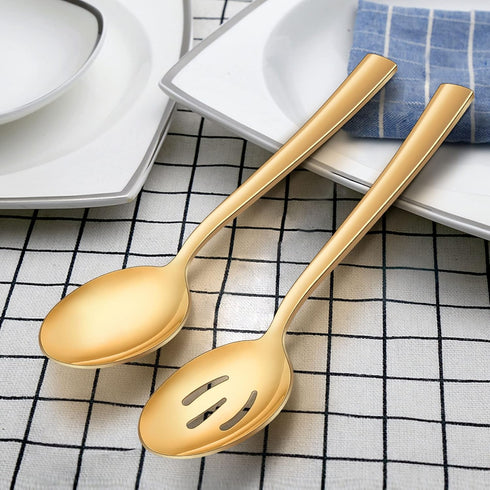 LIANYU 2 Gold Serving Spoons, 2 Gold Slotted Serving Spoons, 2 Gold Serving Forks, 8.6 Inch Stainless Steel Metal Serving Spoons Forks for Buffet ...