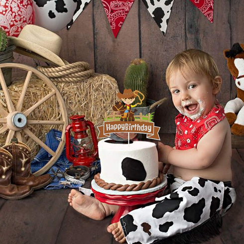 Glitter Cowboy Happy Birthday Cake Topper,Wild West Cowboy Cake Decor, Western Themed Party Decorations for Boys Girls and Kids Birthday or Baby S...