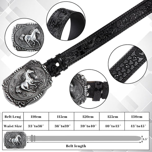 Hicarer Cowboy Belts Western Leather Buckle Belts Cowgirl Horse Pattern Engraved Buckle Belts for Men Women (Black, 45 Inch)...