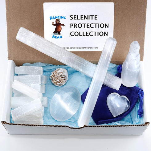 DANCING BEAR Selenite Protection Collection (22 pc Set): 12-15 Sticks (1.5-2”), Palm Stone, Heart, Tower, 8" Stick, 5.5" Massage Wand, and Desert ...