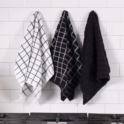 Ritz Premium 100% Cotton Terry Check Kitchen Dish Towels - Highly Absorbent, Super Soft, Long-Lasting, 25"x15", 3-Pack, Black...