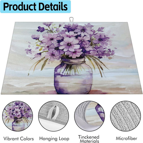 Large Dish Drying Mat for Kitchen Counter,18"X24" Purple Flowers in Vase Super Absorbent Reversible Microfiber Dish Drying Mat Dish Drainer Mat,Di...