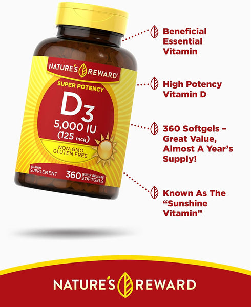 Nature's Reward Vitamin D3-5000 IU - 360 Softgels - Non-GMO & Gluten Free Supplement...