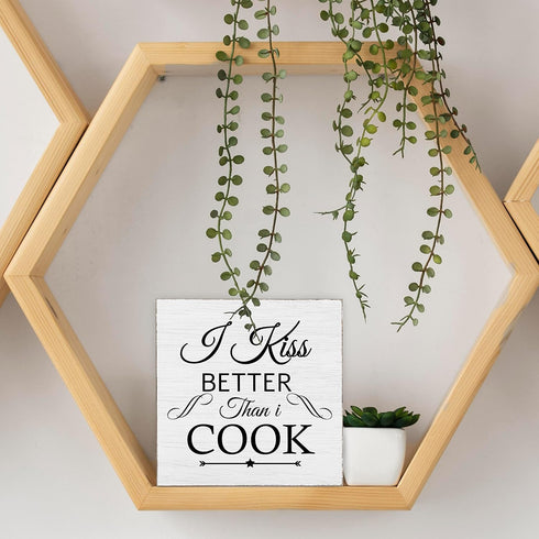 5 x 5" I Kiss Better Than I Cook White Wood Block Plaque Box Signs, fit Kitchen Cooking Wood Box Sign, Home Living Room Trestle Table Decoration -...