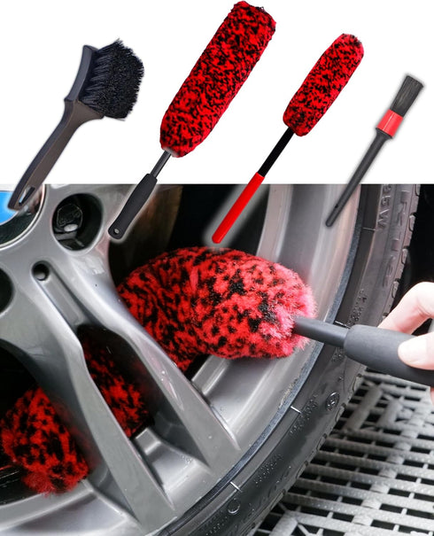 Professional 4 Pack Long Handle Wheel Brush Kit for Cleaning Wheel and Tire- 2X Soft Wheel Cleaning Brush, Detailing Brush and Stiff Tire Brush, B...