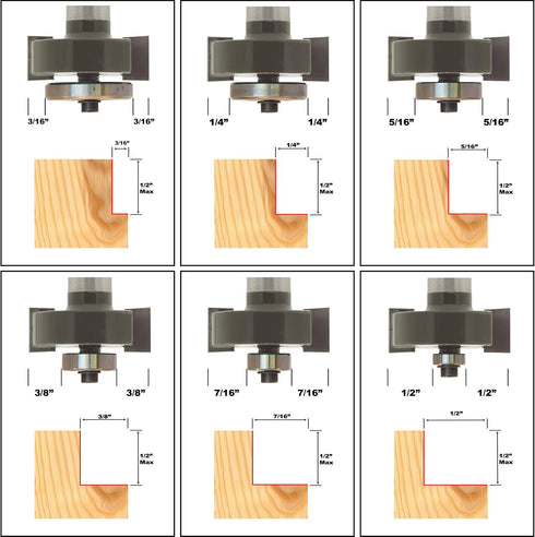 1/2 Rabbet Router Bit Set for Woodworking | 1/2" Shank | 1/2" Cutting Height | 7 Bearing Set...