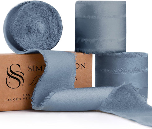 Dusty Blue 1.5 Inch 18 Yards Silk Satin Ribbon Handmade Frayed Ribbons for Gift Wrapping, Crafts, Baby Shower, Wedding Invitations, Flower Bouquet...