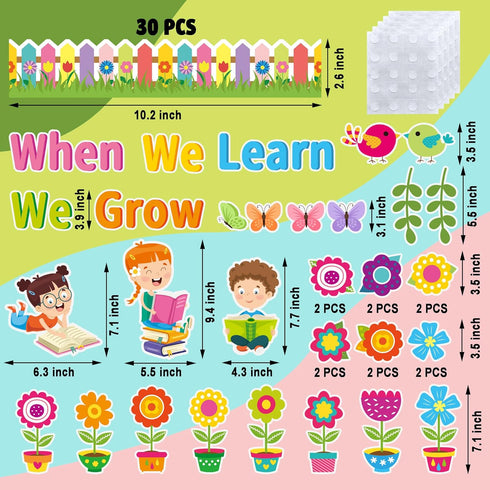 When We Learn We Grow Bulletin Cutouts Classroom Floral Bulletin Board Decor with Borders for Flower Themed Party School Window Home Supplies, 66 ...