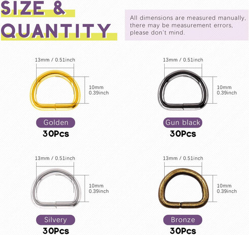 Swpeet 120Pcs 1/2 Inch - 13mm 4Colors Multi-Purpose Metal D Ring Semi-Circular D Ring for Hardware Bags Ring Hand DIY Accessories (Mixed Color, 1/...