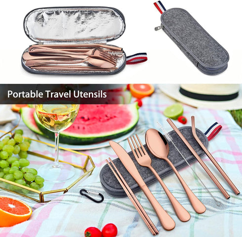LIANYU 8-Piece Portable Utensils Set, Stainless Steel Copper Travel Silverware Set, Reusable Flatware Cutlery with Straws Chopsticks, Gray Case...