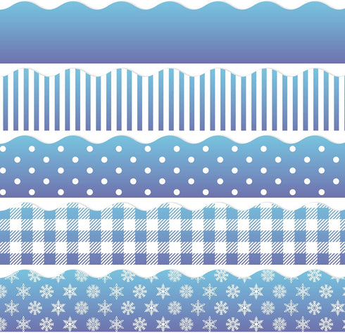 69Ft Christmas Bulletin Board Borders 5 Design 60Pcs Winter Snowflake Trim Borders Blue Plaid Stripe Dot Bulletin Board Stickers for School Classr...
