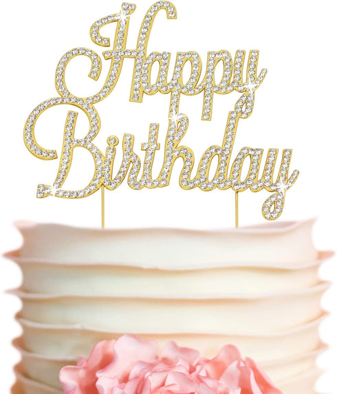 Happy Birthday Cake Topper - Premium Gold Metal - Happy Birthday Party Sparkly Rhinestone Decoration Makes a Great Centerpiece - Now Protected in ...